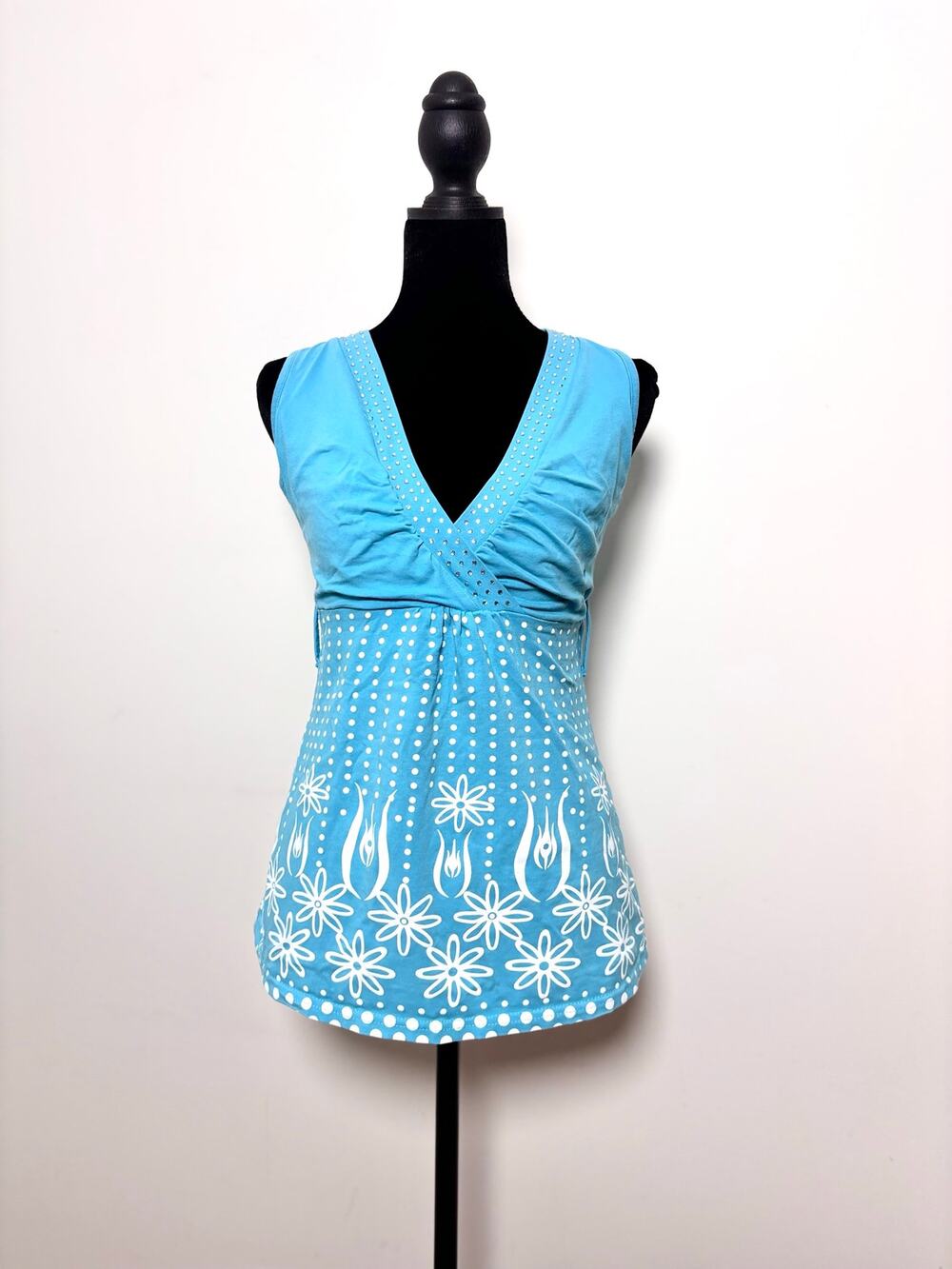 Vtg Y2K Bin Aqua Blue Sleeveless Surplice Wrap Babydoll Tank Top Floral Print